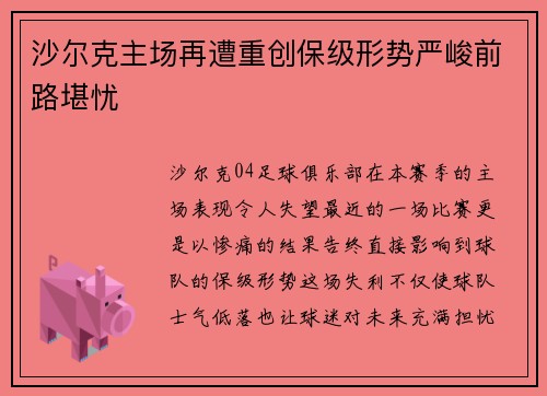 沙尔克主场再遭重创保级形势严峻前路堪忧