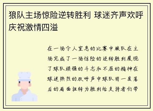 狼队主场惊险逆转胜利 球迷齐声欢呼庆祝激情四溢
