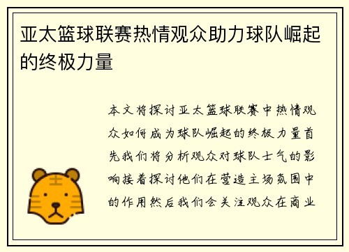 亚太篮球联赛热情观众助力球队崛起的终极力量