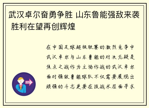 武汉卓尔奋勇争胜 山东鲁能强敌来袭 胜利在望再创辉煌