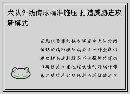 犬队外线传球精准施压 打造威胁进攻新模式