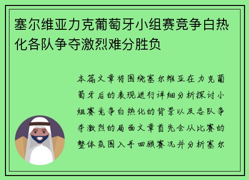 塞尔维亚力克葡萄牙小组赛竞争白热化各队争夺激烈难分胜负