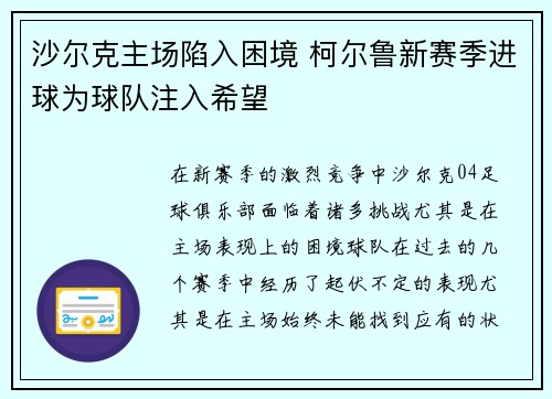 沙尔克主场陷入困境 柯尔鲁新赛季进球为球队注入希望