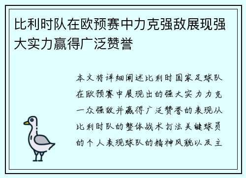 比利时队在欧预赛中力克强敌展现强大实力赢得广泛赞誉