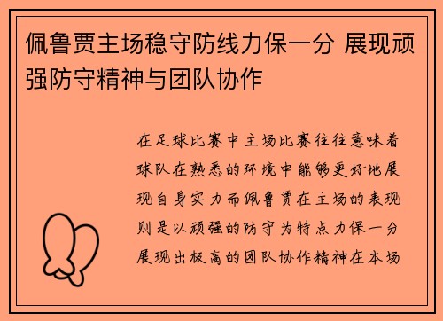 佩鲁贾主场稳守防线力保一分 展现顽强防守精神与团队协作