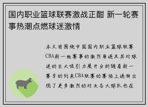 国内职业篮球联赛激战正酣 新一轮赛事热潮点燃球迷激情