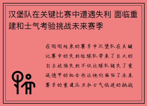 汉堡队在关键比赛中遭遇失利 面临重建和士气考验挑战未来赛季