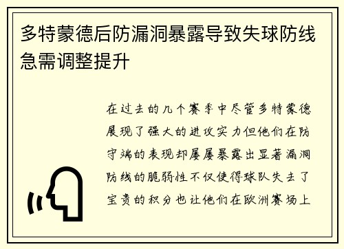 多特蒙德后防漏洞暴露导致失球防线急需调整提升