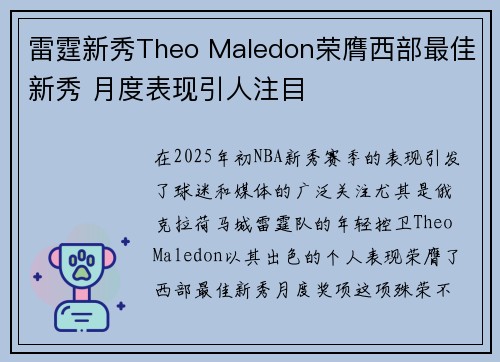 雷霆新秀Theo Maledon荣膺西部最佳新秀 月度表现引人注目
