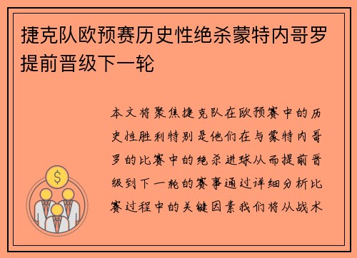 捷克队欧预赛历史性绝杀蒙特内哥罗提前晋级下一轮