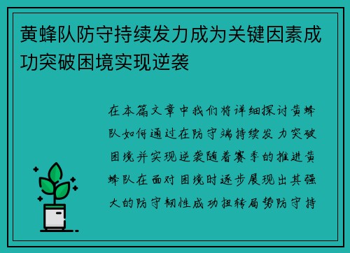黄蜂队防守持续发力成为关键因素成功突破困境实现逆袭