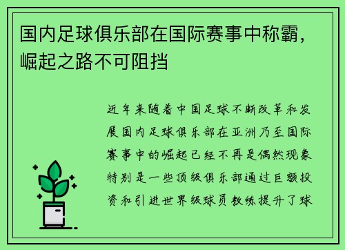 国内足球俱乐部在国际赛事中称霸，崛起之路不可阻挡