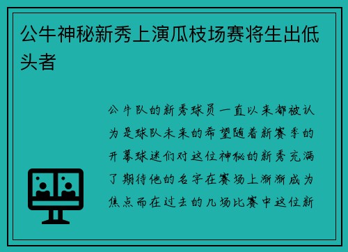 公牛神秘新秀上演瓜枝场赛将生出低头者