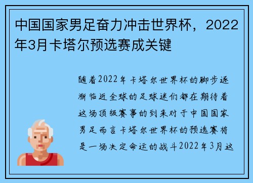 中国国家男足奋力冲击世界杯，2022年3月卡塔尔预选赛成关键