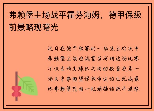 弗赖堡主场战平霍芬海姆，德甲保级前景略现曙光