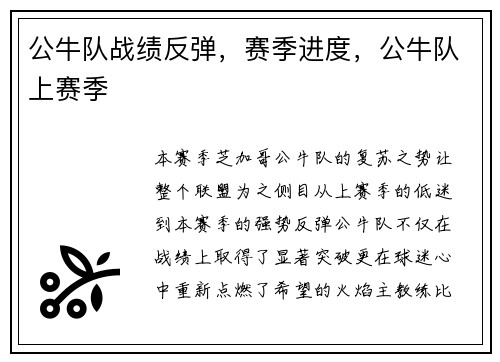 公牛队战绩反弹，赛季进度，公牛队上赛季