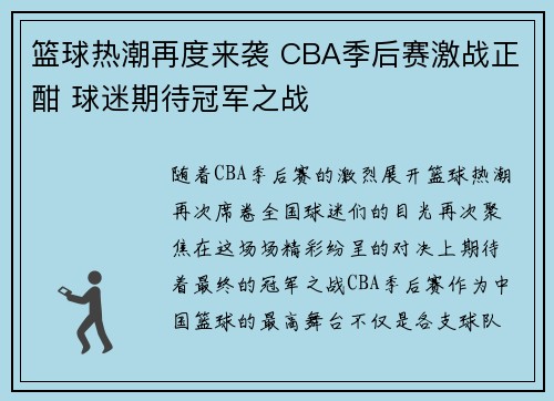 篮球热潮再度来袭 CBA季后赛激战正酣 球迷期待冠军之战